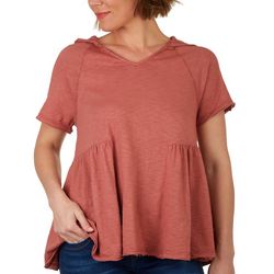 Lush Womens Solid Hooded Short Sleeve Top