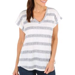 Bunulu Womens Stripe Print V-Neck Roll Cuff Short Sleeve Top