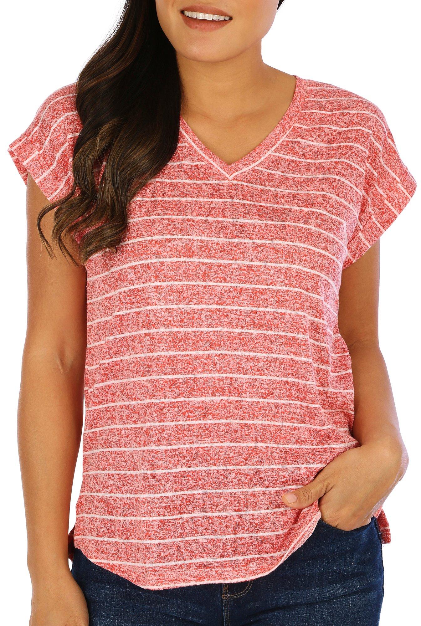 Womens Striped V-Neck Roll Cuff Short Sleeve Top