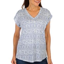 Womens Print V-Neck Short Roll Sleeve Top