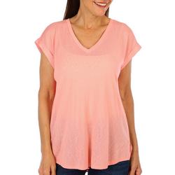 Womens Solid V-Neck Short Roll Sleeve Top