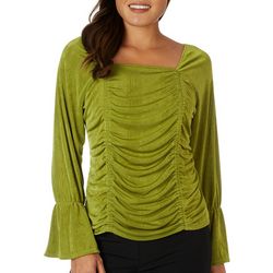 Ava James Womens Solid Slinky Front Ruched Long Sleeve Top