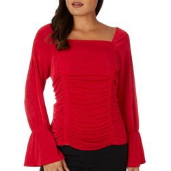 Ava James Womens Solid Slinky Front Ruched Long Sleeve Top