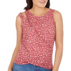 Ava James Womens Floral Print Ribbed Cut-Out Tank Top