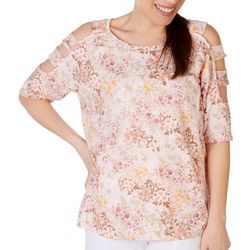 Womens Spring Blooms Print Ribbed Caged Cold Shoulder Top