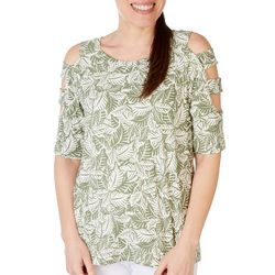Womens Palm Print Ribbed Caged Cold Shoulder Top
