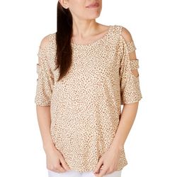 Womens Dot Print Ribbed Caged Cold Shoulder Top