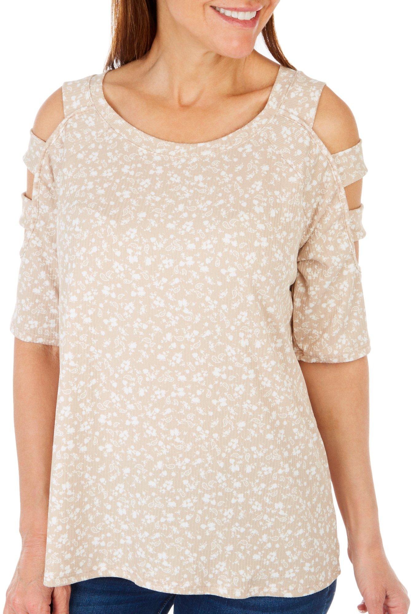 Ava James Womens Print Ribbed Caged Cold Shoulder Top
