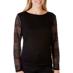 Ava James Womens Solid Open Crochet Lace Long Sleeve Top