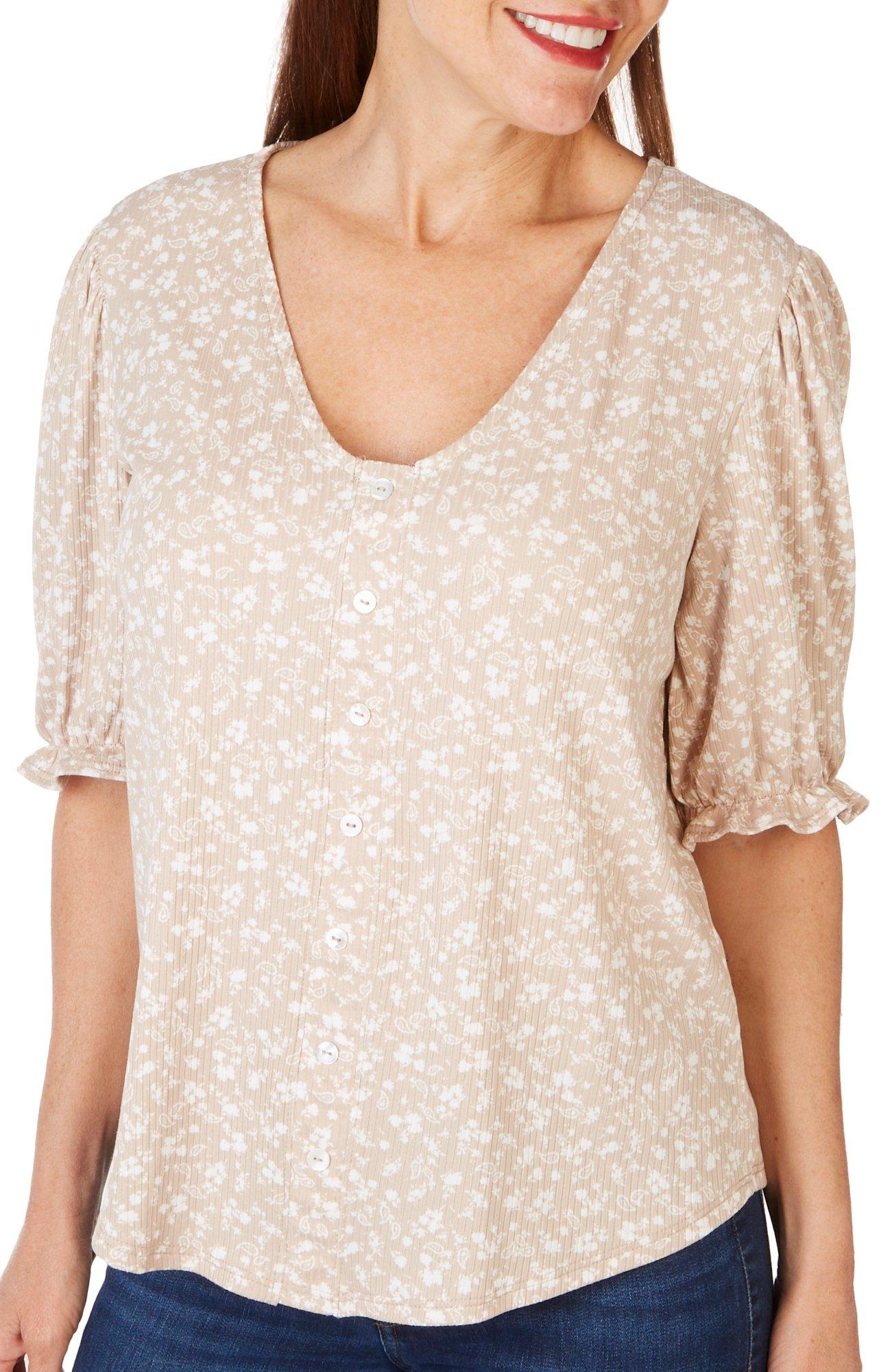Womens Paisley Ribbed Button Down Puff Short Sleeve Top