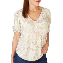 Womens Floral Ribbed Button Down Puff Short Sleeve Top