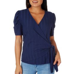 Ava James Womens Solid Wrap Puff Short Sleeve Top