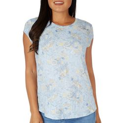 Ava James Womens Floral Round Neck Cap Short Sleeve Top