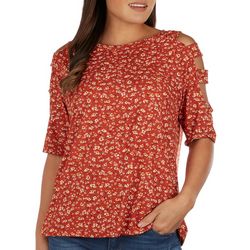 Ava James Womens Floral Print Ribbed Caged Cold Shoulder Top