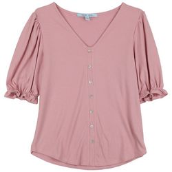 Womens Solid Ribbed Button Down Short Puff Sleeve Top