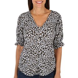 Womens Leopard Ribbed Button Down Short Puff Sleeve Top