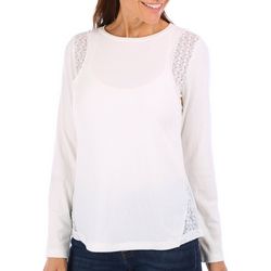 Womens Solid Lace Embellished Ribbed Long Sleeve Top