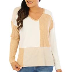 Womens Long Sleeve Mix Ribbed V-Neck Knit Top