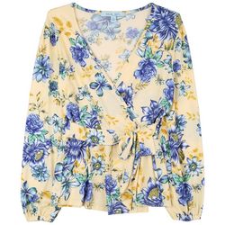 Blue Sol Womens Floral Wrap Long Sleeve Top