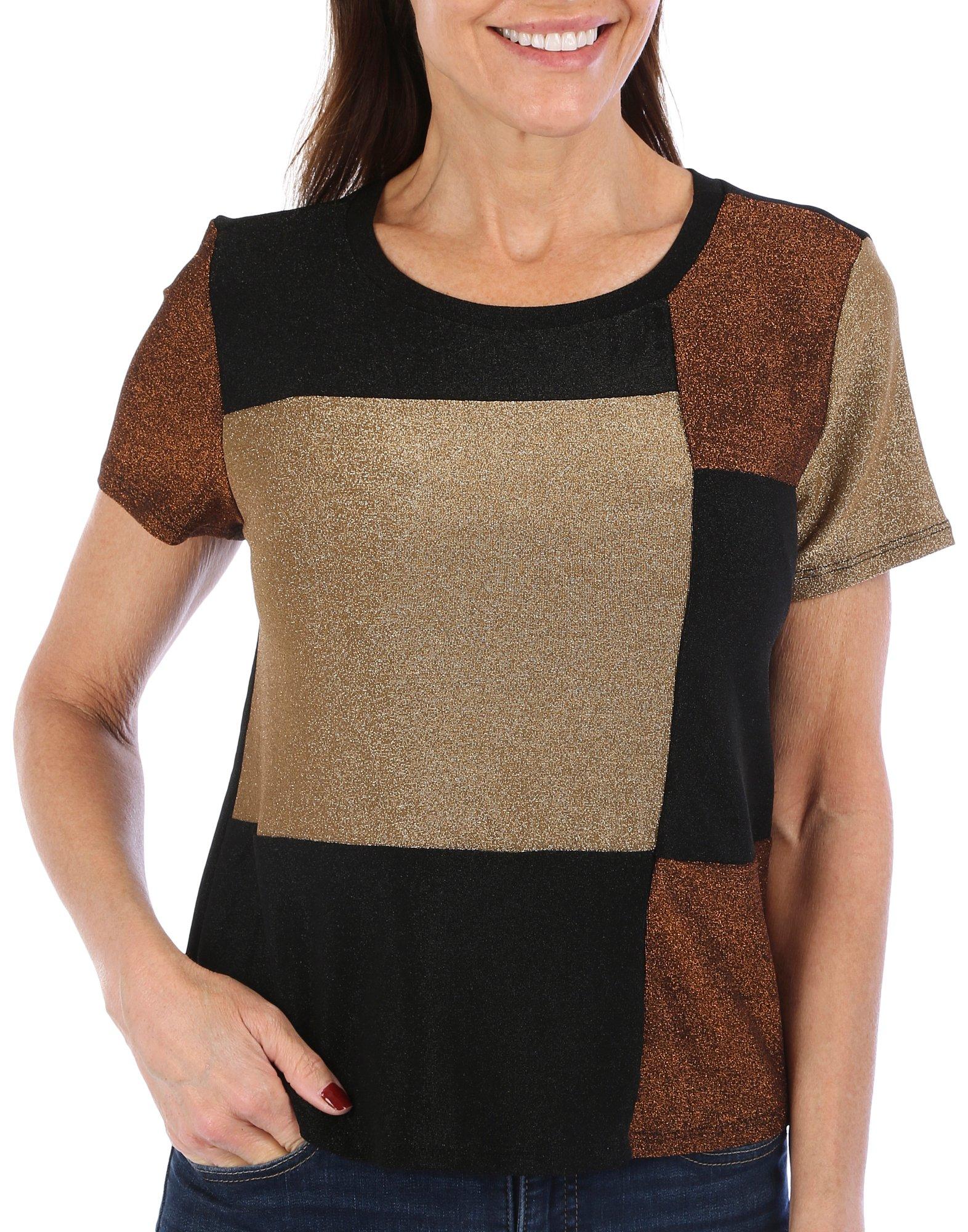 Blue Sol Womens Glitter Color Block Short Sleeve Top