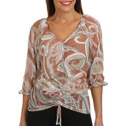 Womens Sheer Mesh Front Ruched 3/4 Sleeve Top