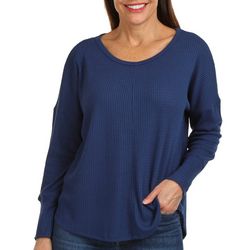 Ava James Womens Solid Waffle Scoop Neck Long Sleeve Top