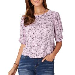 Womens Dotted Foil Print Round Neck Elbow Puff Sleeve Top