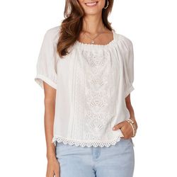 Democracy Womens Ruched Square Neck Crochet Hem Woven Top