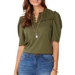 Womens Round Ruffle Neck Elbow Puff Sleeve Top