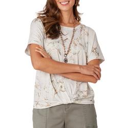 Womens Short Sleeve Marble Print Front Twist Top