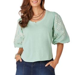 Democracy Womens Embroidered Bubble Sleeve Top