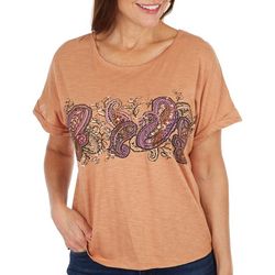 Womens Paisley Embellished Roll Cuff Short Sleeve Top