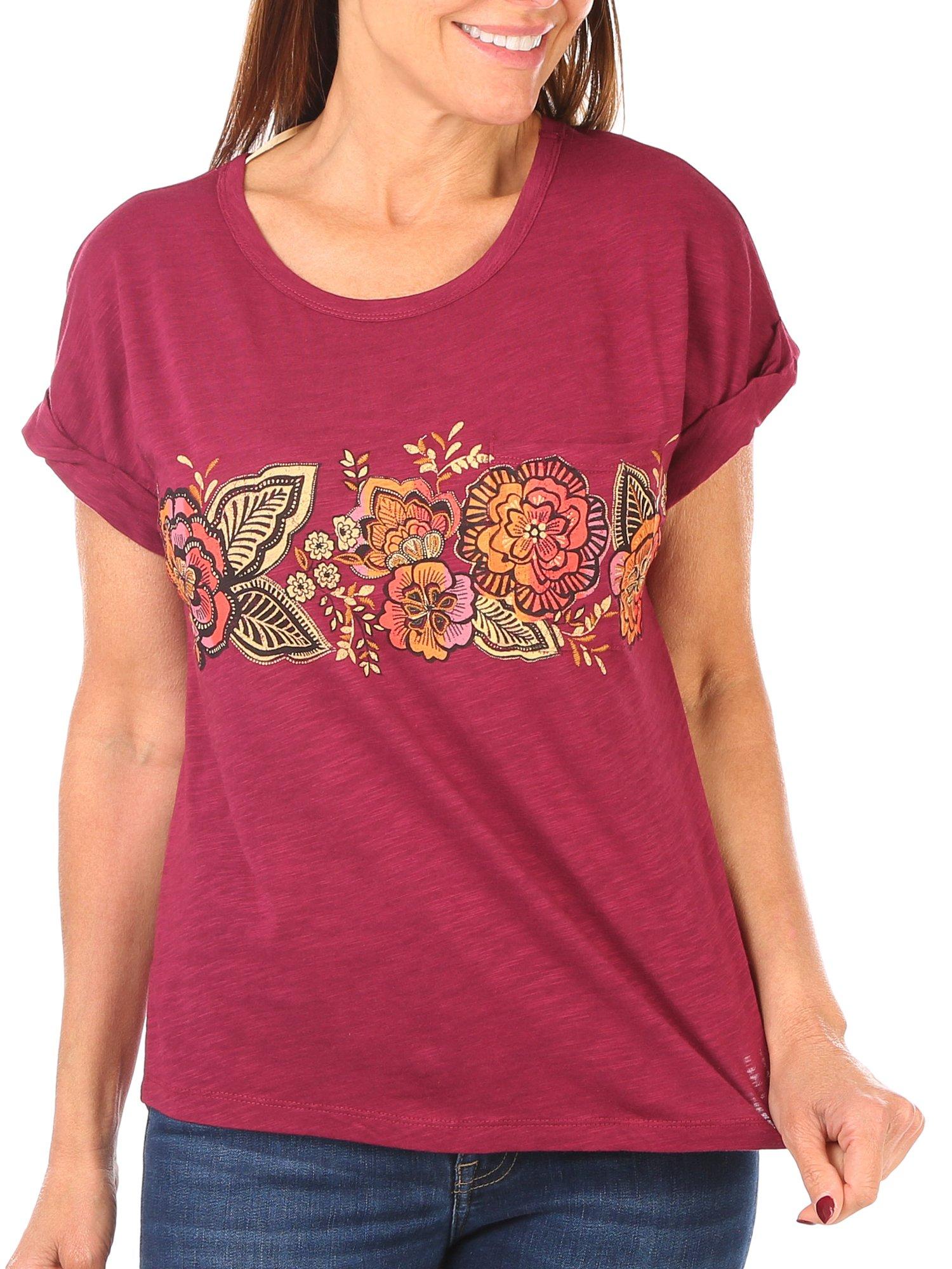 Womens Floral Embellished Roll Cuff Short Sleeve Top