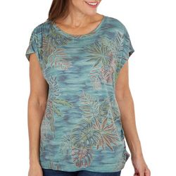 Womens Tropical Leaves Ruched Short Sleeve Top