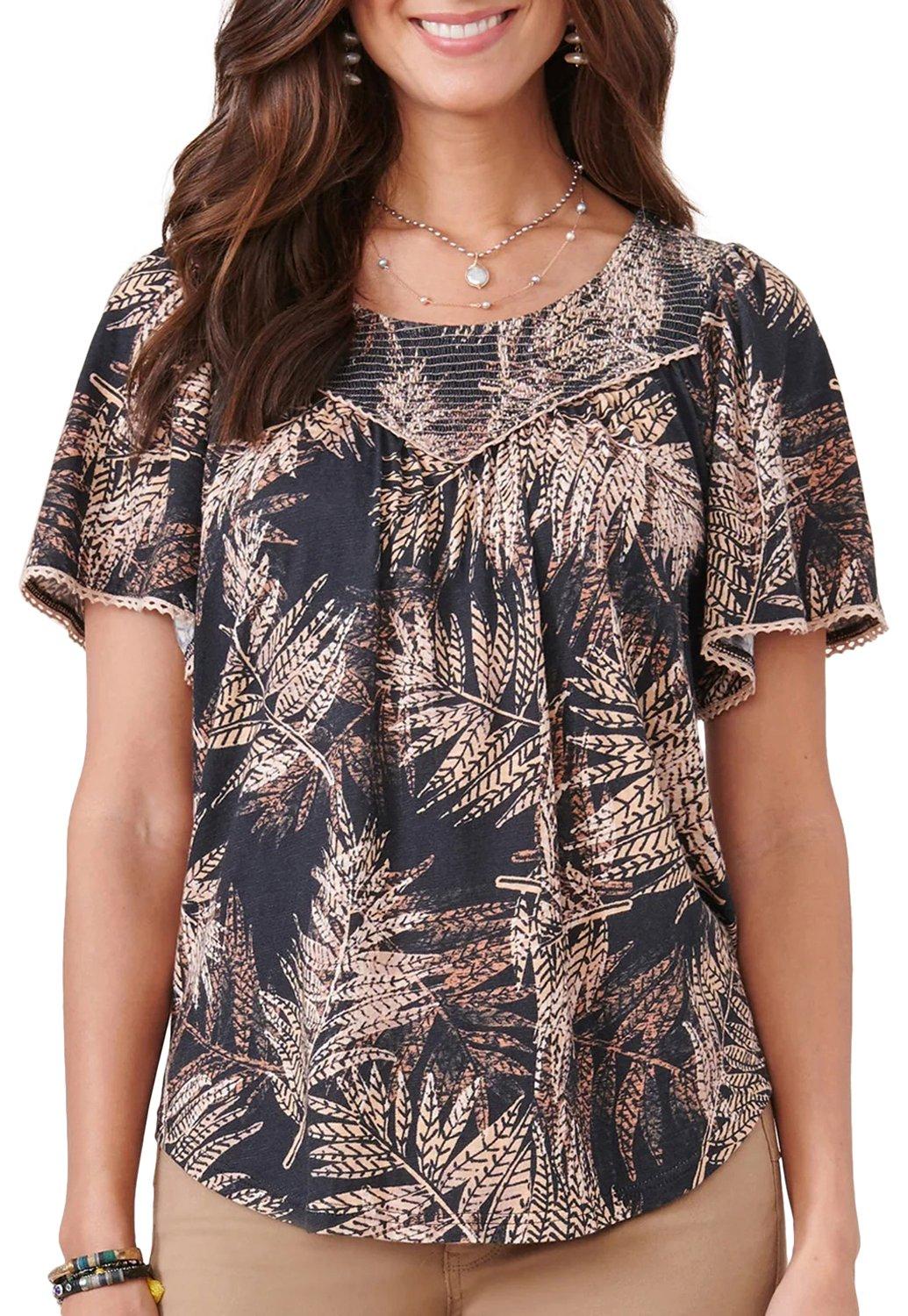Womens Palm Print Scoop Neck Short Flounce Sleeve Top