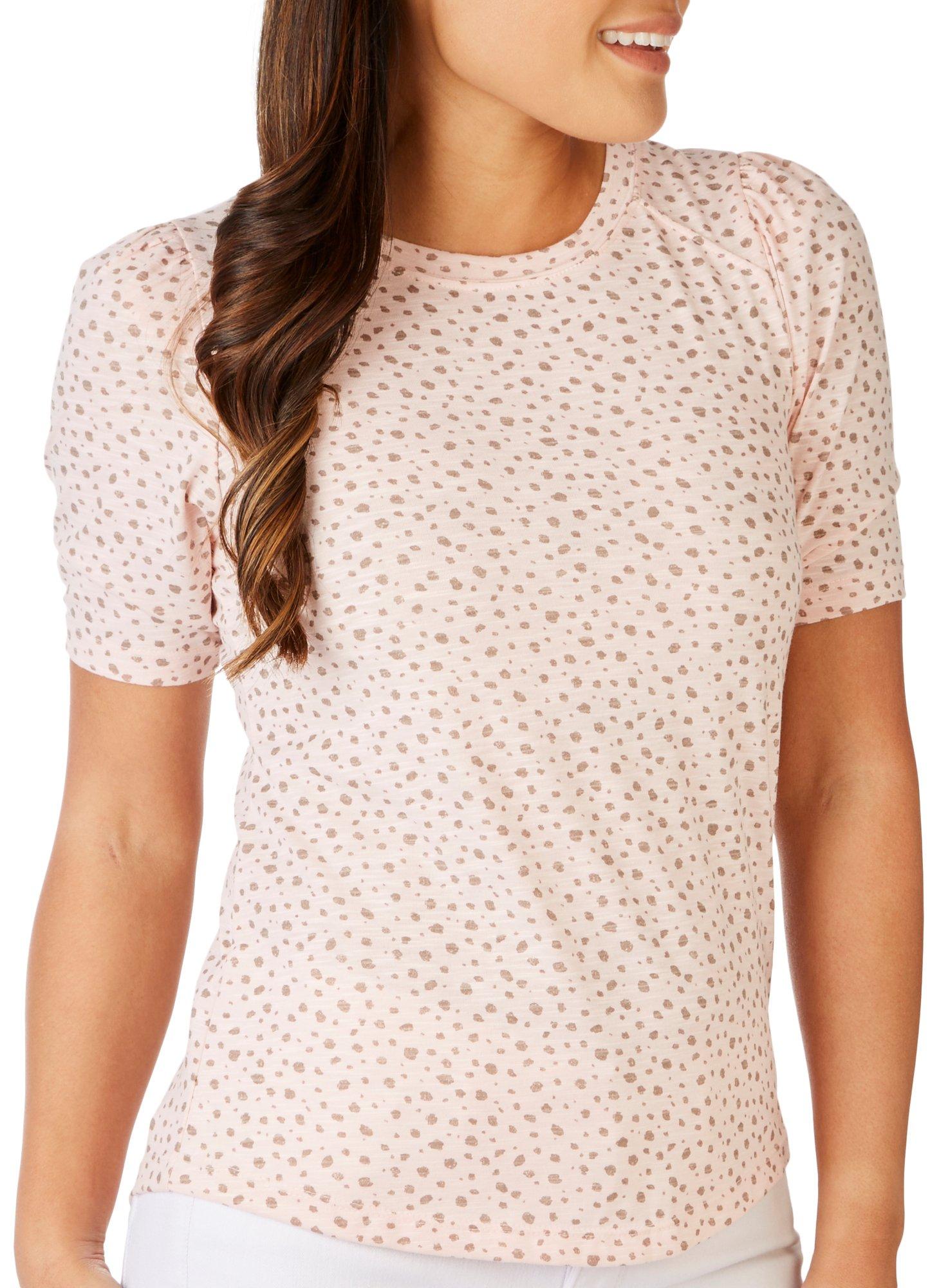 Womens Dotted Print Round Neck Elbow Puff Sleeve Top