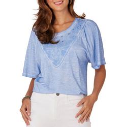 Womens Elbow Bell Sleeve Embroidered Top