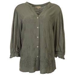 Womens Embroidered Button Down 3/4 Sleeve Top