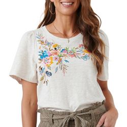 Womens Floral Embroidered Short Puff Bell Sleeve Tee