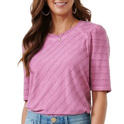 Womens Above Elbow Puff Sleeve Textured Mineral Wash Top