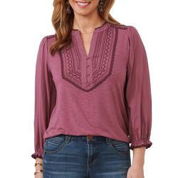 Womens Solid Embroidered 3/4 Blouson Sleeve Top