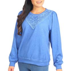 Womens Lace Applique Puff Shoulder Sweatshirt