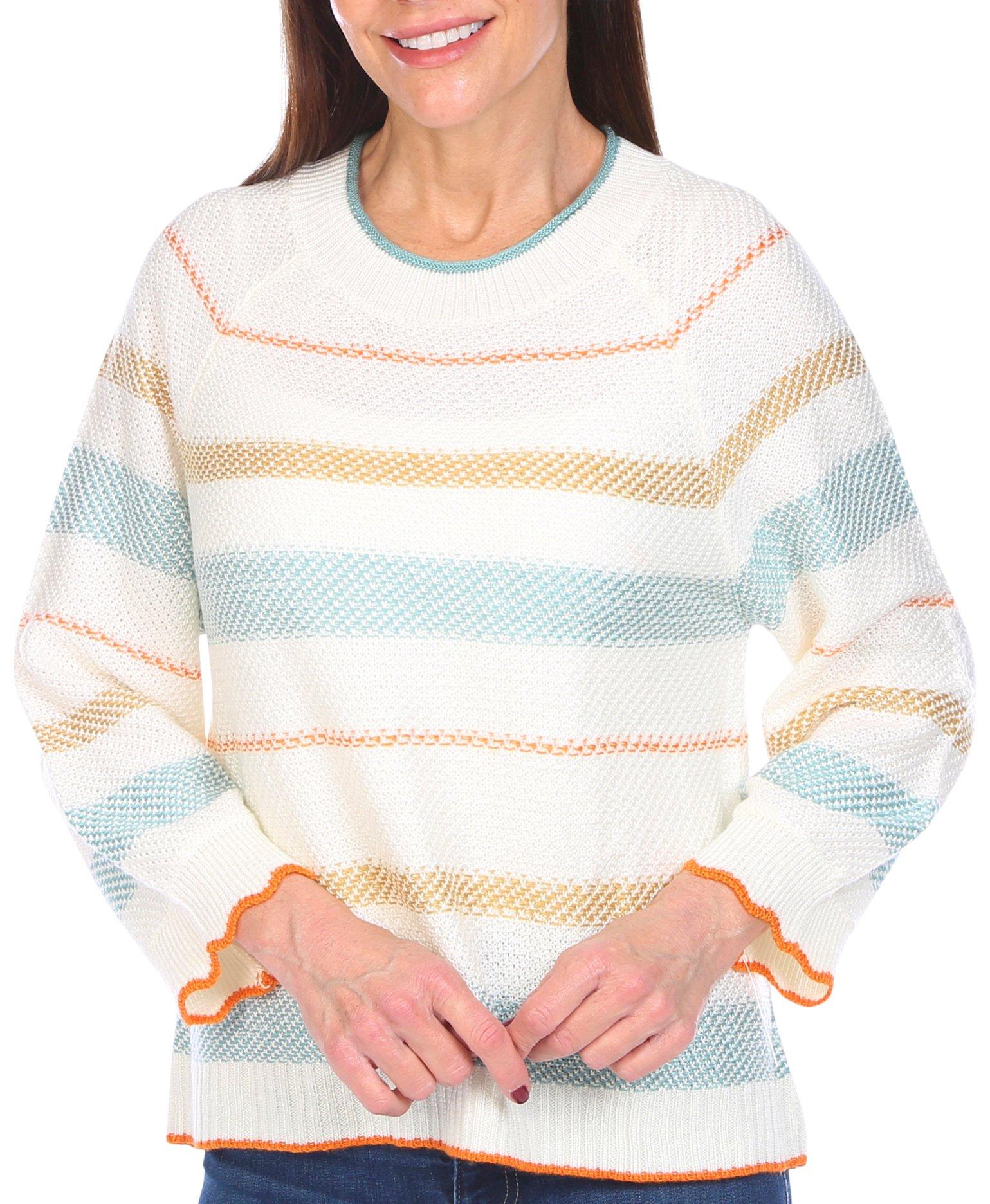 Womens Striped Scalloped Cuff Sweater