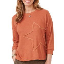 Womens 3/4 Sleeve Boat Neck Embroidered Star Knit Top