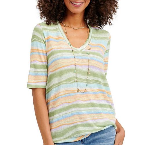 Democracy Womens Watercolor Striped V-Neck Short Sleeve Top
