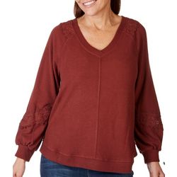 Womens Embellished V-Neck Blouson Sleeve Sweater