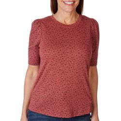 Womens Dotted Print Round Neck Elbow Puff Sleeve Top