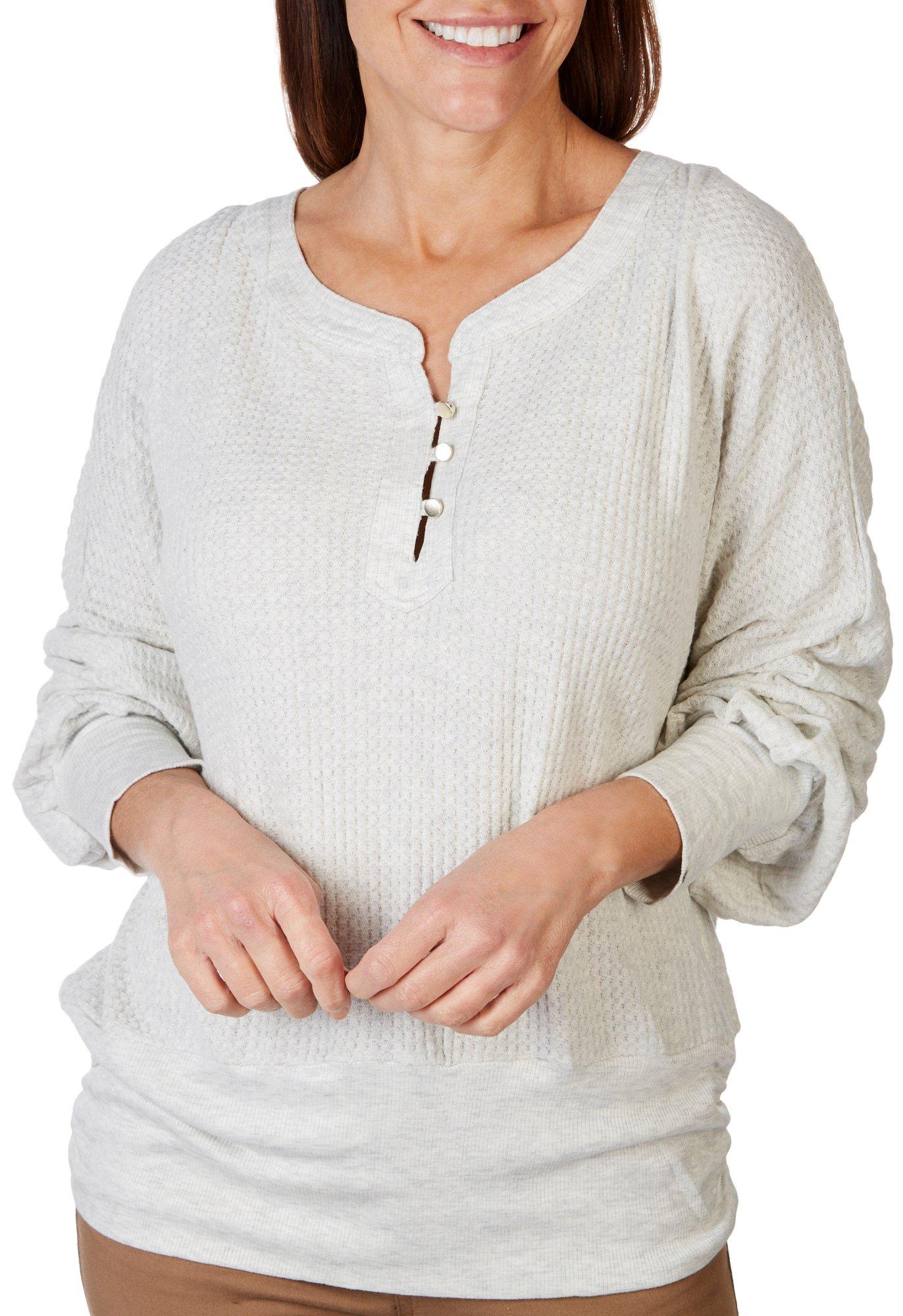 Womens Half Placket Waffle Texture Soft Knit Top