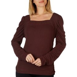 Womens Ribbed Square Neck Puff  Long Sleeve Top