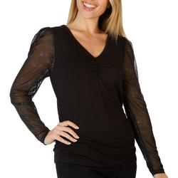 Womens Solid Shirred V Neck Sheer Puff Long Sleeve Top
